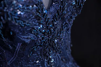 Precioso vestido de fiesta de tul floral azul marino para quinceañeras, vestido formal largo azul marino con hombros descubiertos TP1181