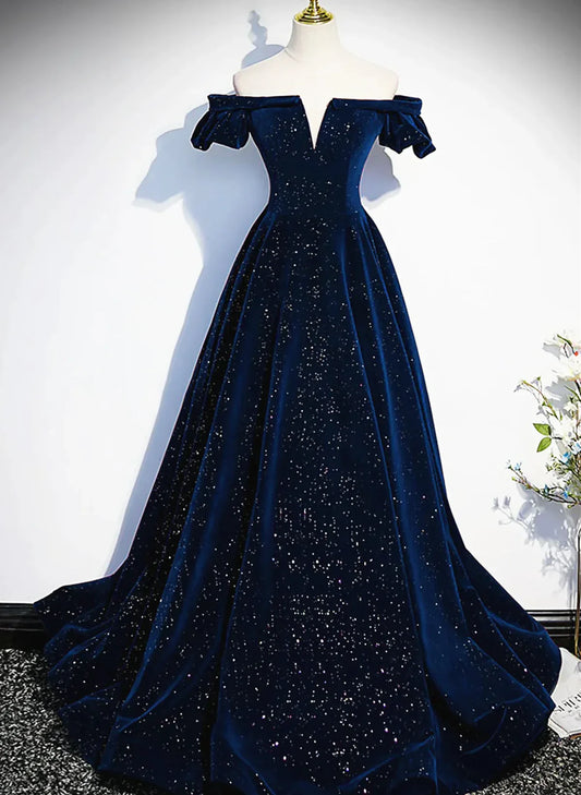 Vestido de fiesta largo de terciopelo azul marino con hombros descubiertos, vestido de fiesta azul marino, vestido formal TP1182