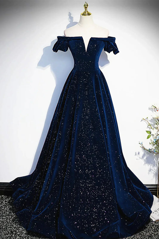 Vestido de fiesta largo de terciopelo azul marino con hombros descubiertos, vestido de fiesta azul marino, vestido formal TP1182