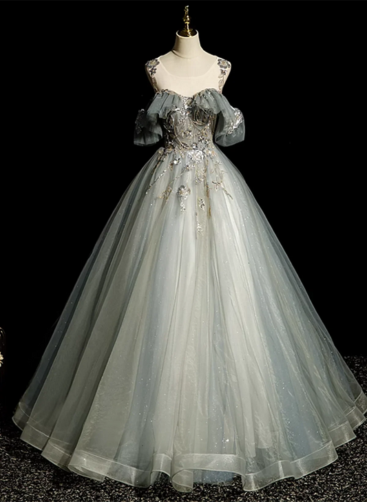 Green Ball Gown Round Neckline with Lace Sweet 16 Dress, Green Tulle Formal Dress TP1186