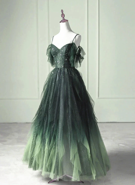 Vestido formal largo de tul verde degradado, corte A, tirantes con cuentas verdes, para fiesta y graduación, TP1189