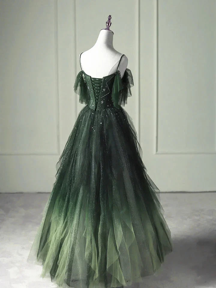 Vestido formal largo de tul verde degradado, corte A, tirantes con cuentas verdes, para fiesta y graduación, TP1189
