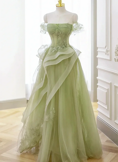 Hermoso vestido de fiesta verde claro de tul con cuentas y corte en A, vestido de fiesta largo verde claro TP1192