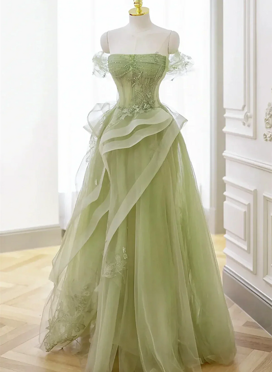 Hermoso vestido de fiesta verde claro de tul con cuentas y corte en A, vestido de fiesta largo verde claro TP1192