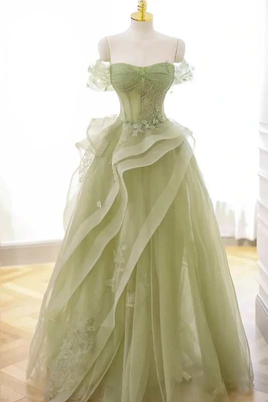 Hermoso vestido de fiesta verde claro de tul con cuentas y corte en A, vestido de fiesta largo verde claro TP1192