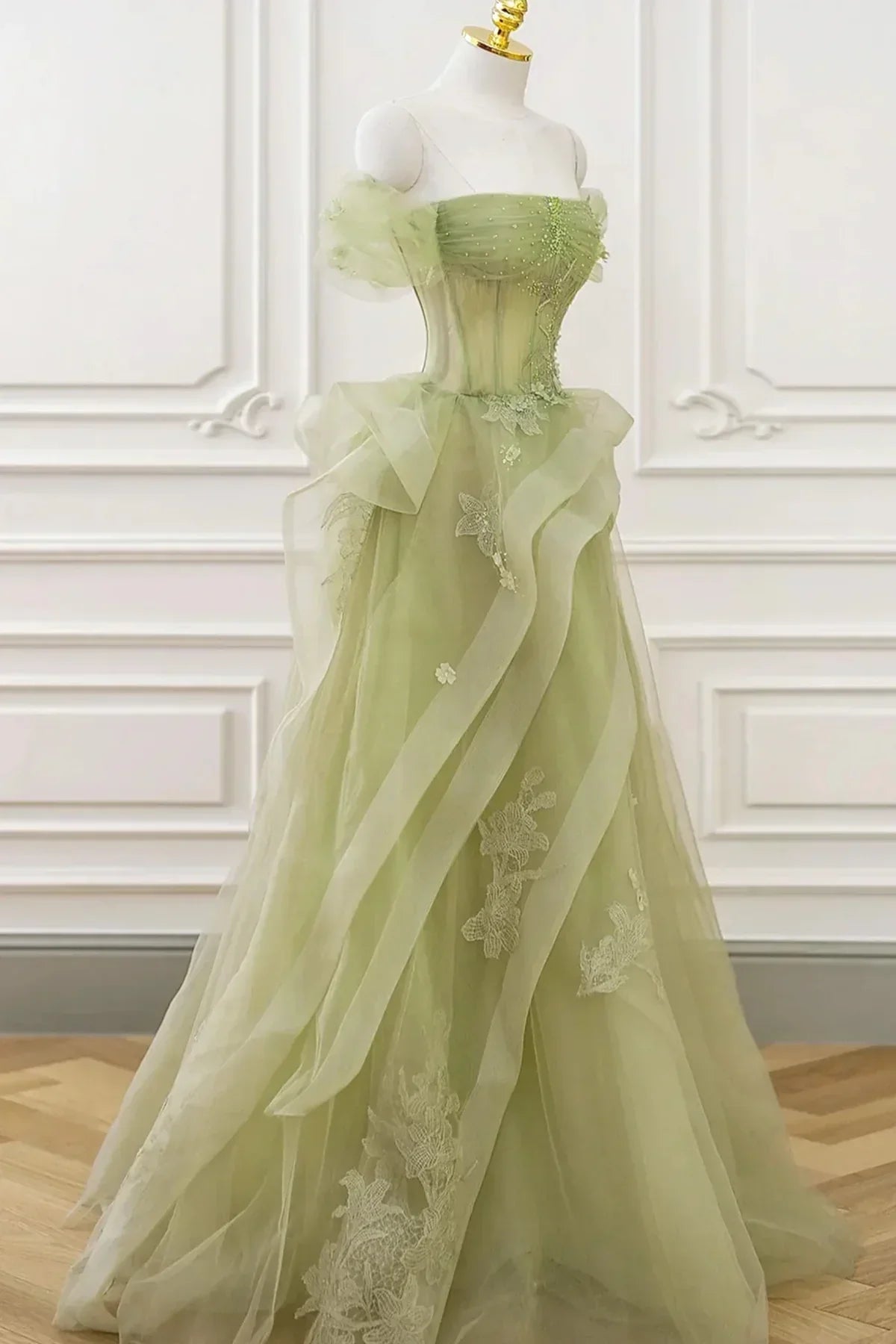 Hermoso vestido de fiesta verde claro de tul con cuentas y corte en A, vestido de fiesta largo verde claro TP1192