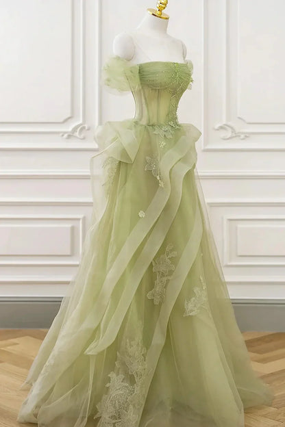 Hermoso vestido de fiesta verde claro de tul con cuentas y corte en A, vestido de fiesta largo verde claro TP1192