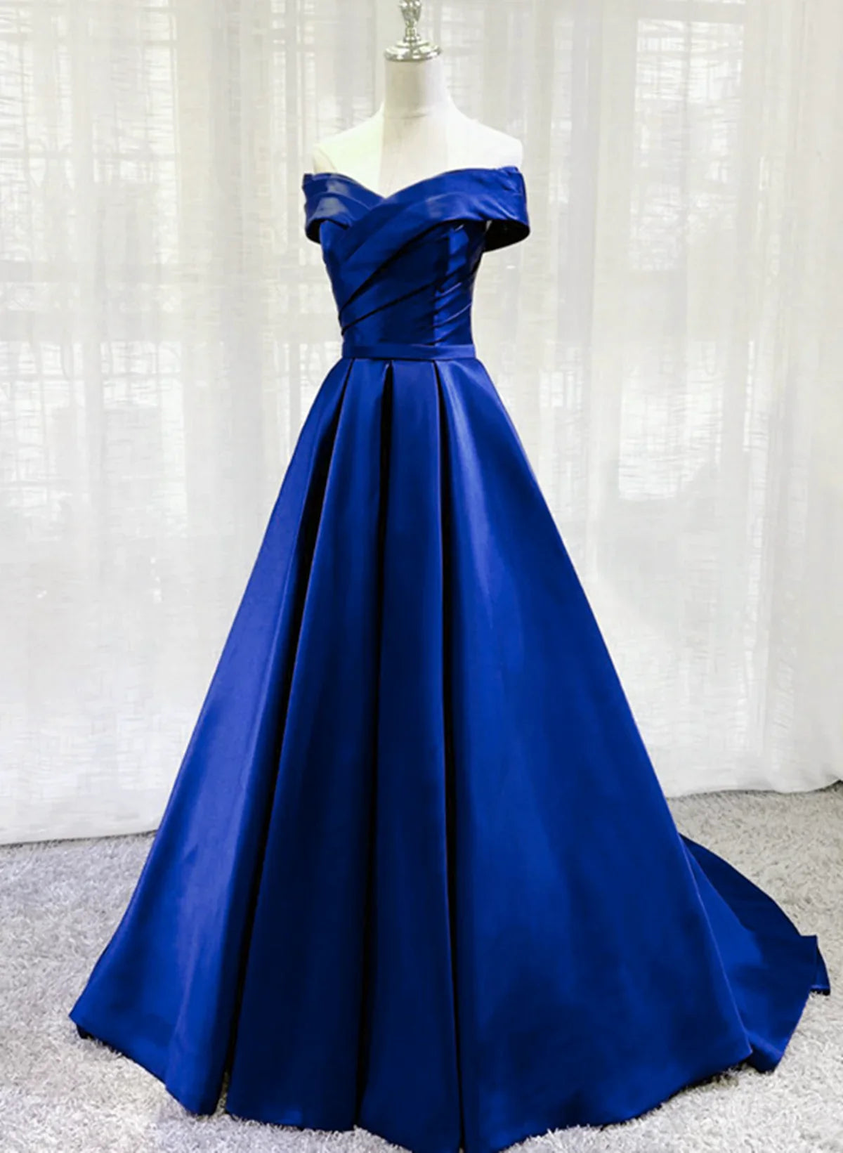 Vestido de fiesta largo de satén azul rey, corte A, sencillo, para graduación y noche, TP1193