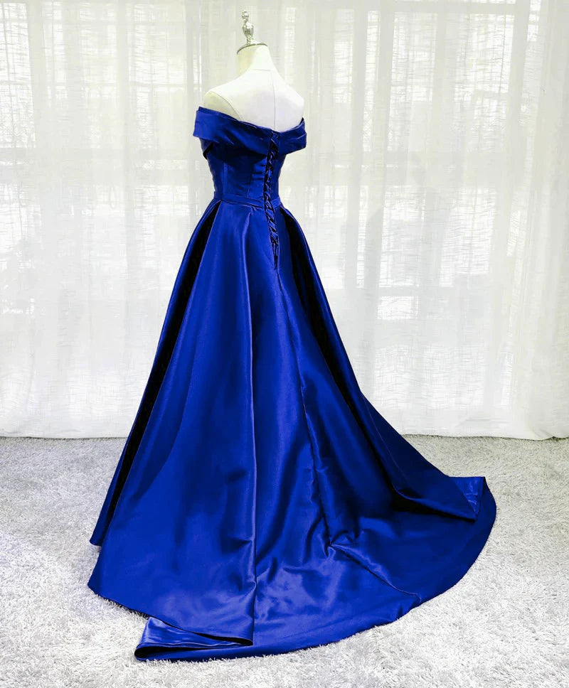 Vestido de fiesta largo de satén azul rey, corte A, sencillo, para graduación y noche, TP1193