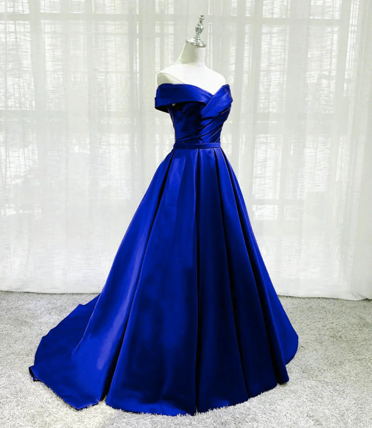 Vestido de fiesta largo de satén azul rey, corte A, sencillo, para graduación y noche, TP1193
