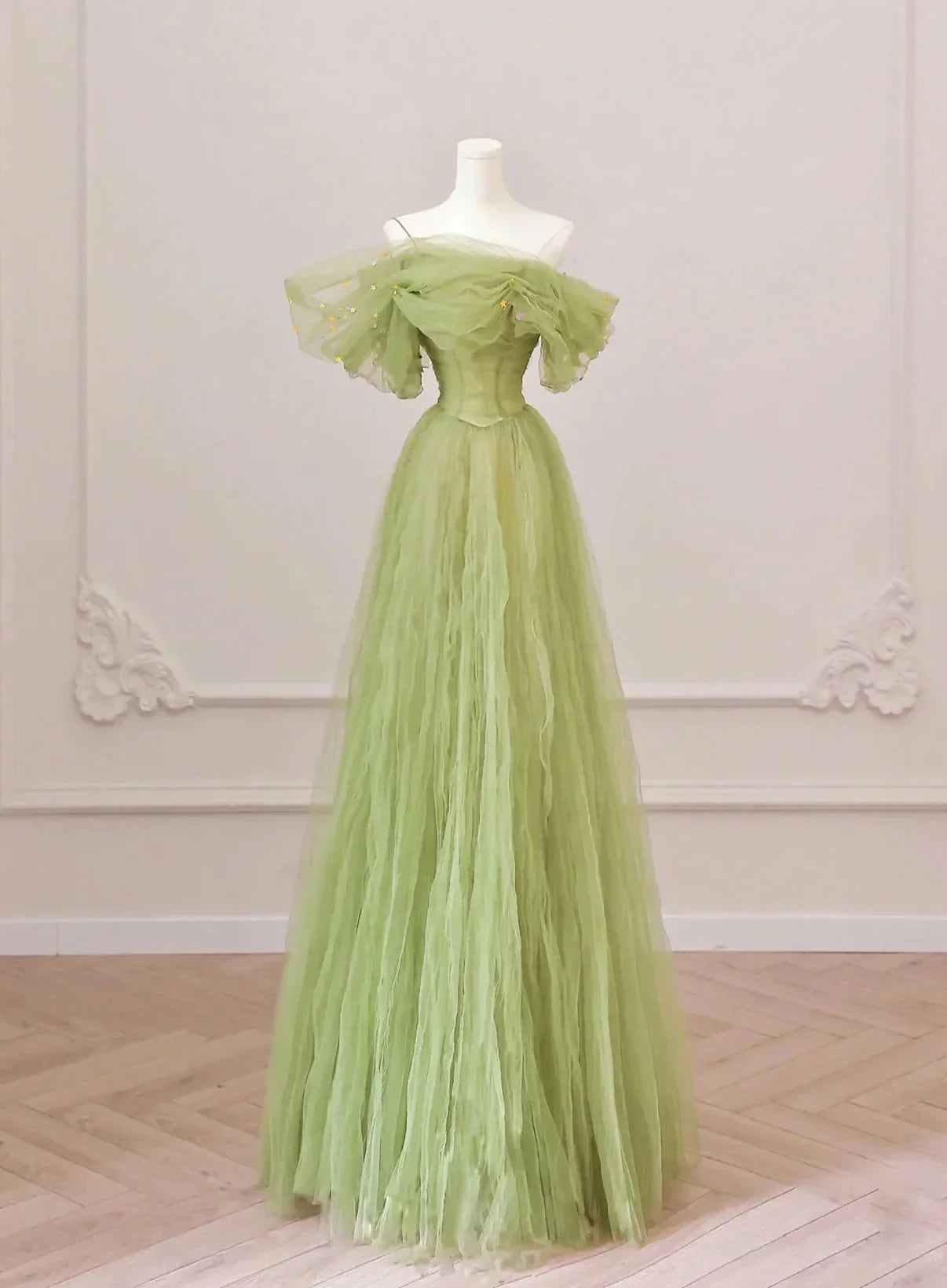 Vestido de fiesta largo de tul verde con hombros descubiertos, corte en A, vestido de noche verde para graduación TP1196