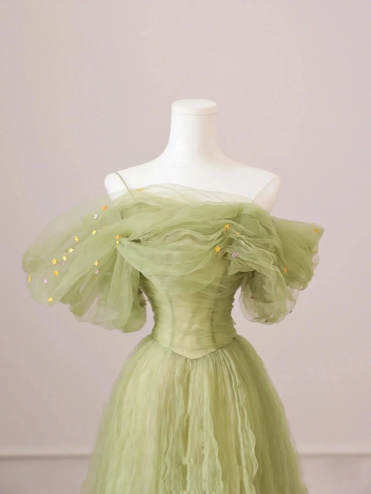 Vestido de fiesta largo de tul verde con hombros descubiertos, corte en A, vestido de noche verde para graduación TP1196