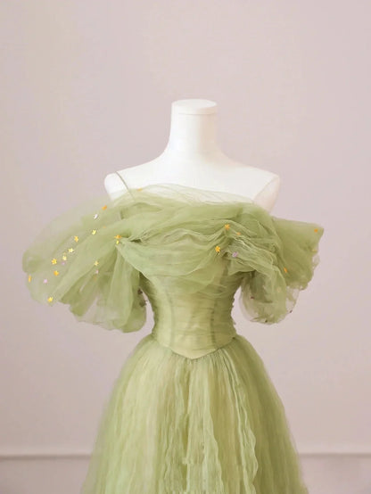 Vestido de fiesta largo de tul verde con hombros descubiertos, corte en A, vestido de noche verde para graduación TP1196