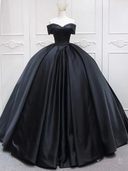 Vestido formal largo de satén negro con escote en forma de corazón, vestido negro para quinceañeras TP1198