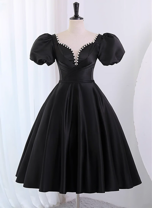 Black Satin Short Sleeves Homecoming Dress, Black Short Prom Dress TP1200