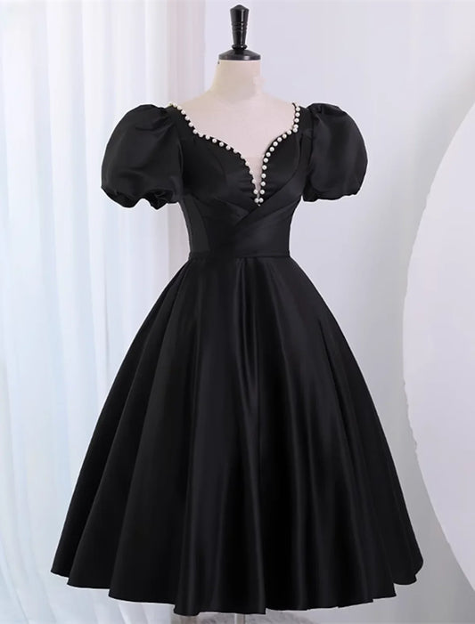 Black Satin Short Sleeves Homecoming Dress, Black Short Prom Dress TP1200