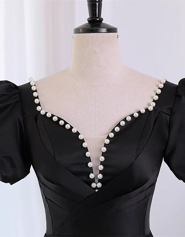 Black Satin Short Sleeves Homecoming Dress, Black Short Prom Dress TP1200