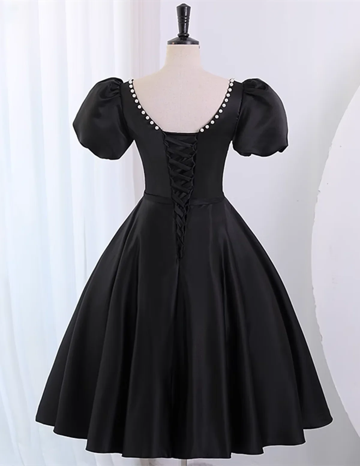 Black Satin Short Sleeves Homecoming Dress, Black Short Prom Dress TP1200