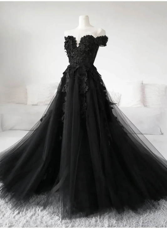 Vestido de fiesta negro con hombros descubiertos, encaje y tul, vestido formal largo negro, vestido de fiesta TP1205