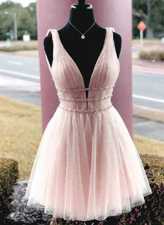 Pink Tulle Beaded Short Prom Dress, Pink Tulle Homecoming Dress Party Dress TP1209