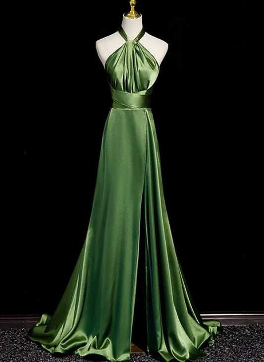 Vestido largo de satén verde con cuello halter para boda, vestido de noche verde, vestido de fiesta TP1212