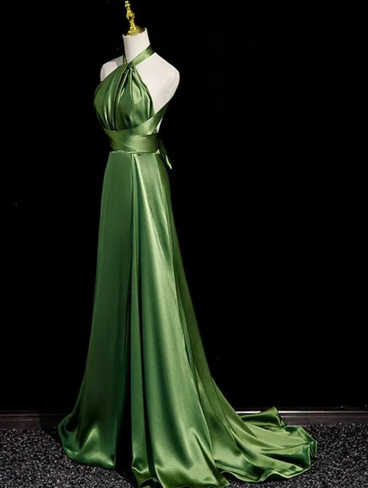 Vestido largo de satén verde con cuello halter para boda, vestido de noche verde, vestido de fiesta TP1212