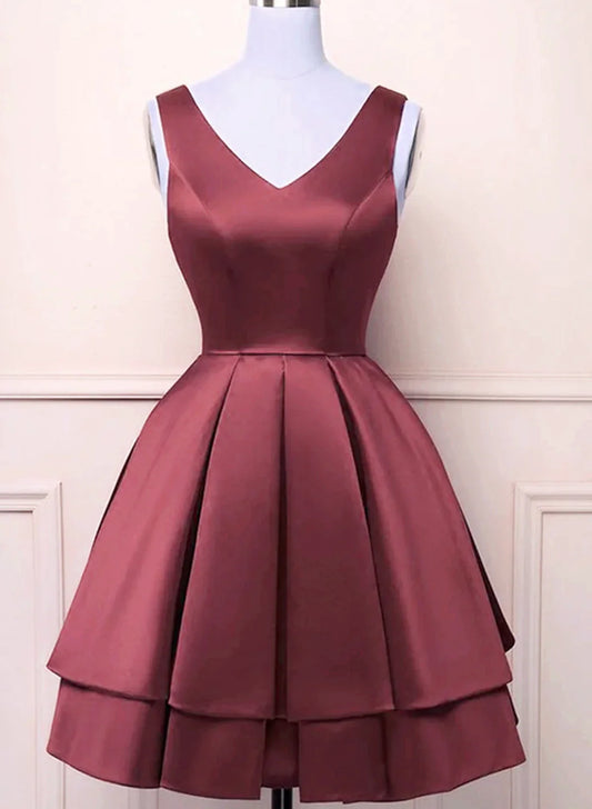 Wine Red V-neckline Satin Knee Length Homecoming Dress, Wine Red Short Prom Dress TP1214