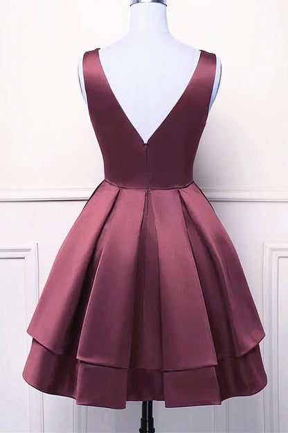 Wine Red V-neckline Satin Knee Length Homecoming Dress, Wine Red Short Prom Dress TP1214