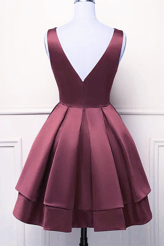 Wine Red V-neckline Satin Knee Length Homecoming Dress, Wine Red Short Prom Dress TP1214