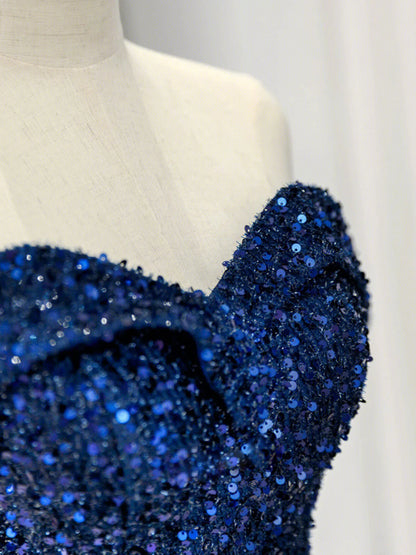 Blue Sequins Sweetheart Off Shoulder Evening Dress, A-Line Blue Long Party Dress Prom Dress TP1215