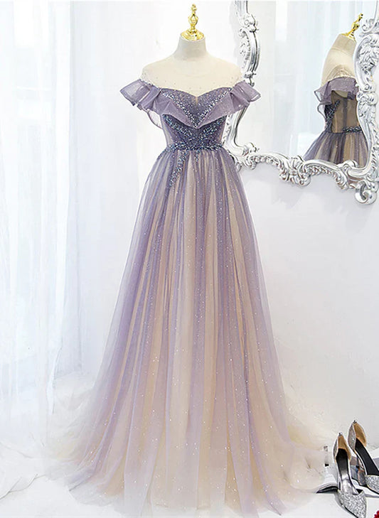 Vestido de fiesta largo de tul con cuentas y corte en A en degradado morado, largo hasta el suelo, vestido de noche morado TP1220