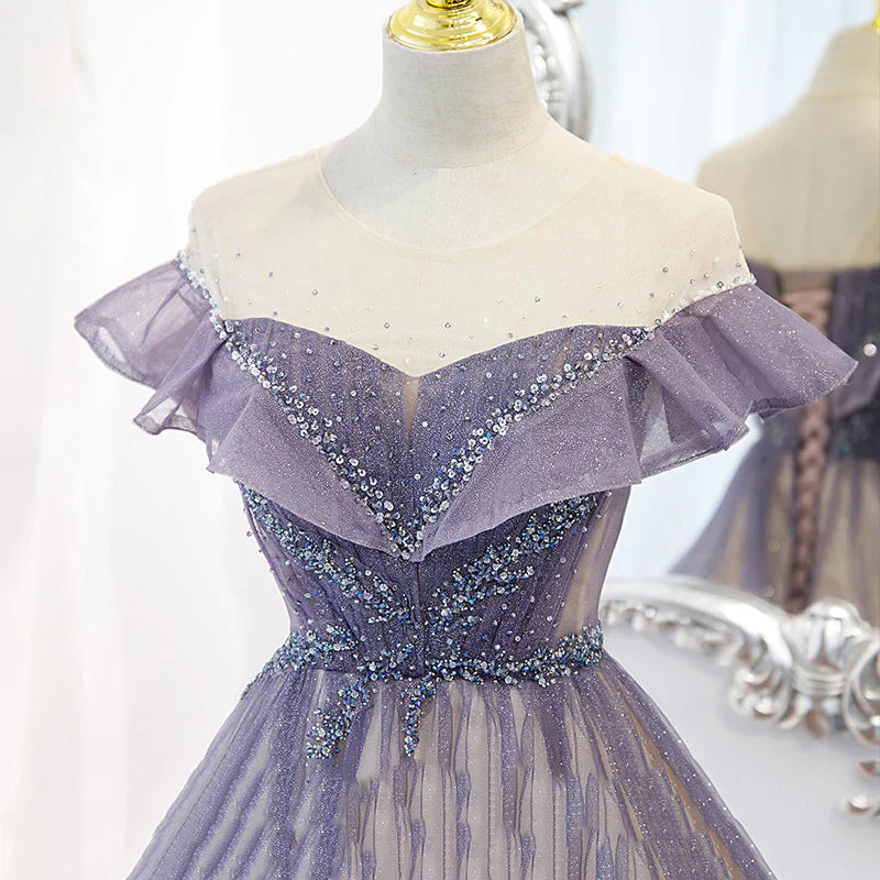 Vestido de fiesta largo de tul con cuentas y corte en A en degradado morado, largo hasta el suelo, vestido de noche morado TP1220