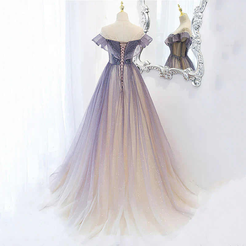Vestido de fiesta largo de tul con cuentas y corte en A en degradado morado, largo hasta el suelo, vestido de noche morado TP1220