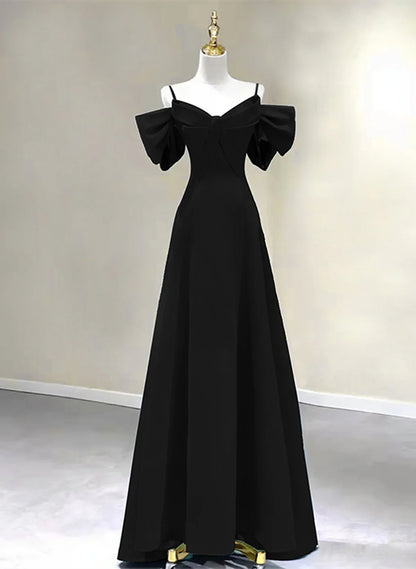 Hermoso vestido de fiesta largo negro de corte A, vestido de noche negro hasta el suelo TP1224