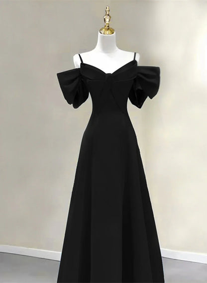 Hermoso vestido de fiesta largo negro de corte A, vestido de noche negro hasta el suelo TP1224