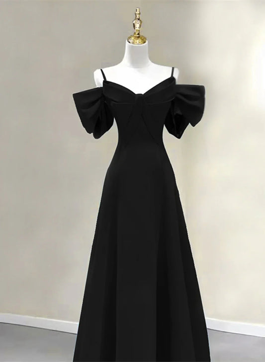 Hermoso vestido de fiesta largo negro de corte A, vestido de noche negro hasta el suelo TP1224