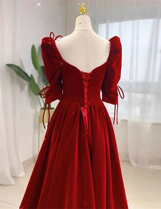 Beautiful Wine Red Long A-line Velvet Prom Dress, Long Evening Dress Party Dress TP1226