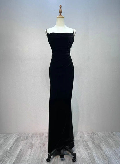 Vestido de fiesta largo de terciopelo negro con encaje y tirantes negros, vestido de fiesta formal TP1228