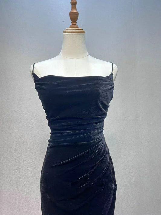 Black A-line Velvet with Lace Long Party Dress, Black Straps Prom Dress Formal Dress TP1228