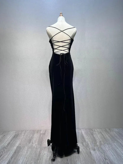 Vestido de fiesta largo de terciopelo negro con encaje y tirantes negros, vestido de fiesta formal TP1228