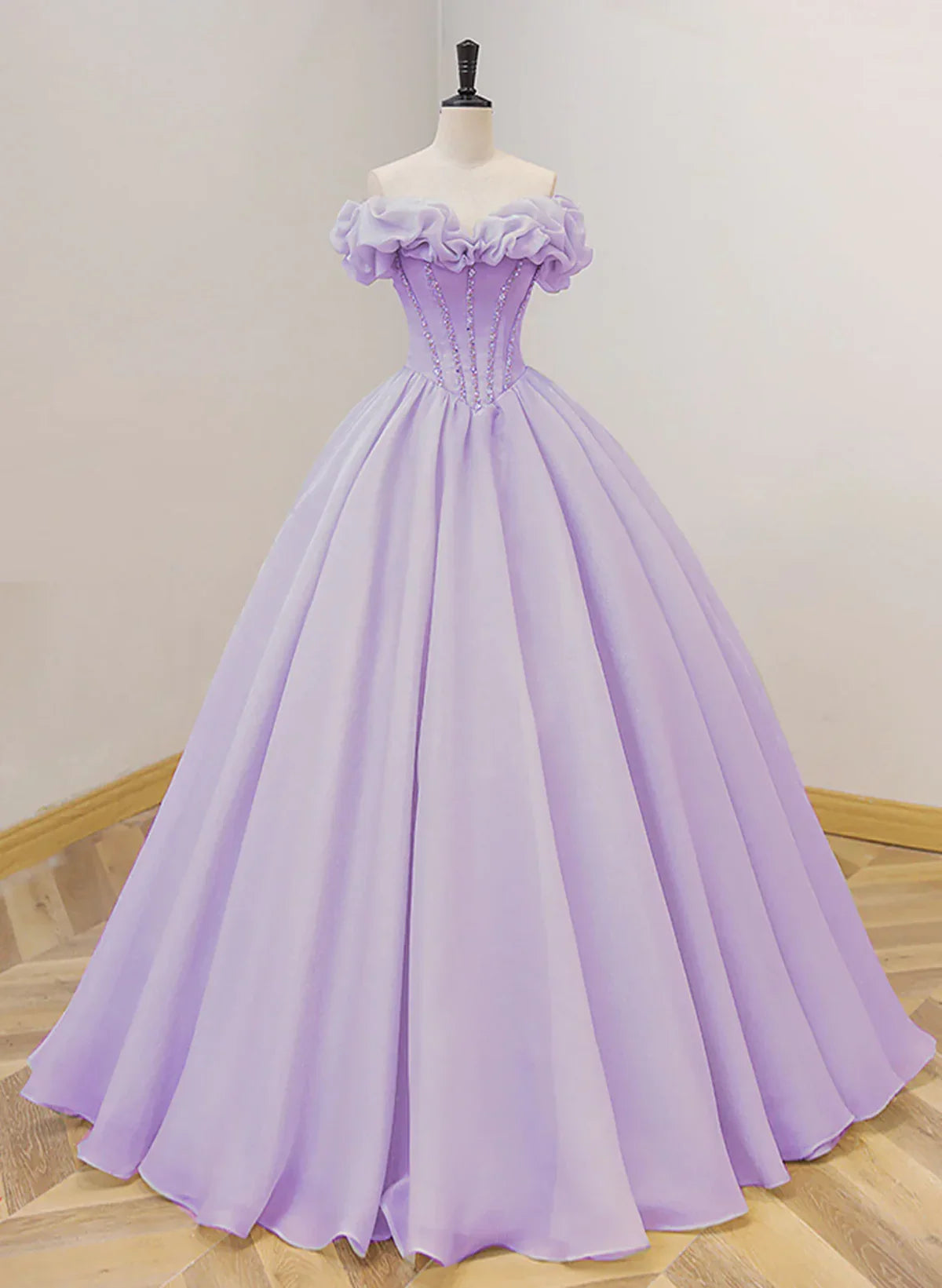 Precioso vestido de fiesta largo color lavanda con escote corazón y hombros descubiertos, vestido de fiesta para quinceañeras TP1229