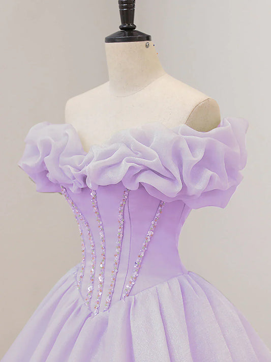 Precioso vestido de fiesta largo color lavanda con escote corazón y hombros descubiertos, vestido de fiesta para quinceañeras TP1229