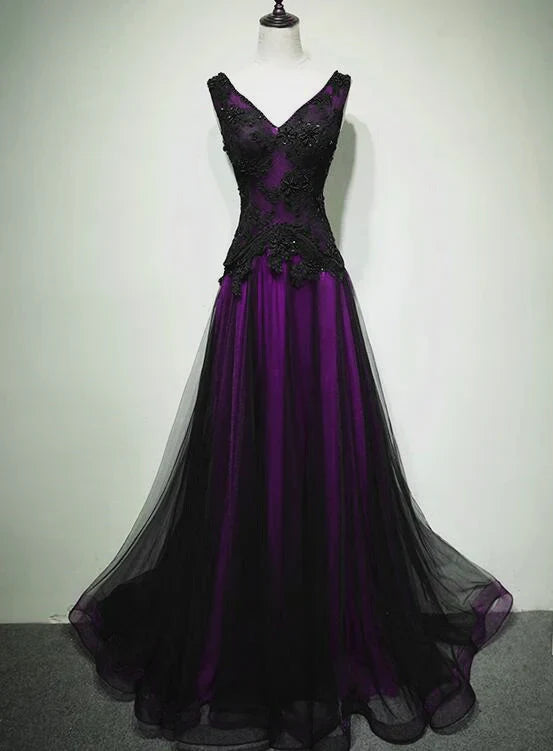 Black And Purple Tulle V-Neckline Beaded Prom Dress, Long Tulle Formal Dress Evening Dress TP1232