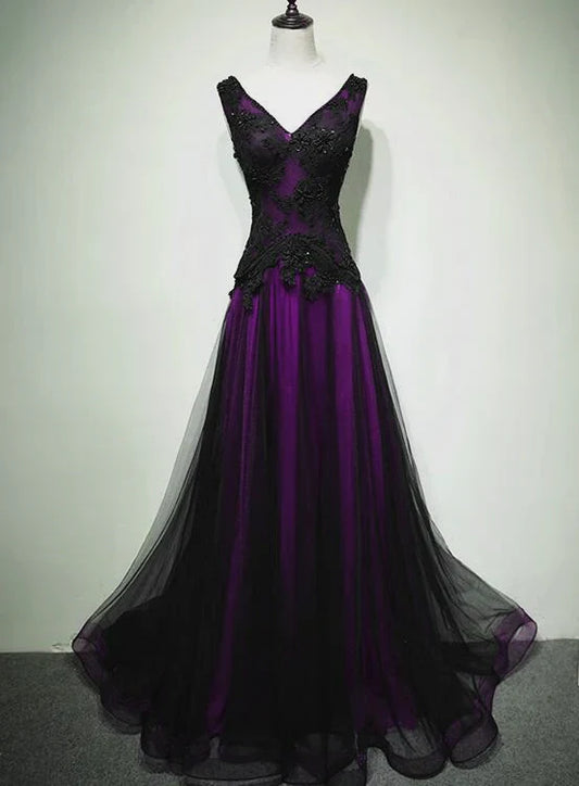 Black And Purple Tulle V-Neckline Beaded Prom Dress, Long Tulle Formal Dress Evening Dress TP1232