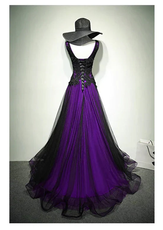 Black And Purple Tulle V-Neckline Beaded Prom Dress, Long Tulle Formal Dress Evening Dress TP1232