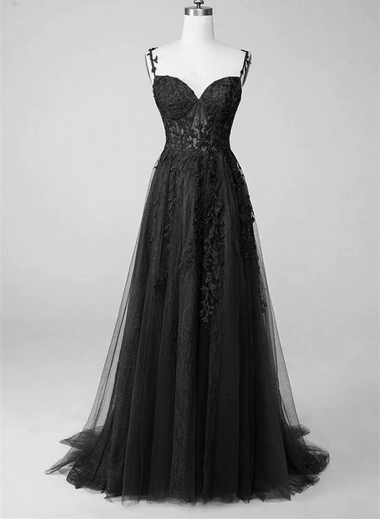 Vestido de fiesta negro con tirantes de encaje y cuentas, corte A, largo hasta el suelo, TP1233