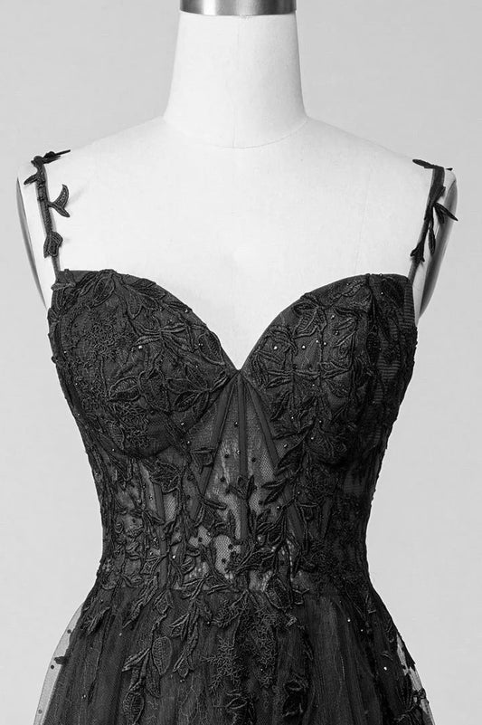 Vestido de fiesta negro con tirantes de encaje y cuentas, corte A, largo hasta el suelo, TP1233