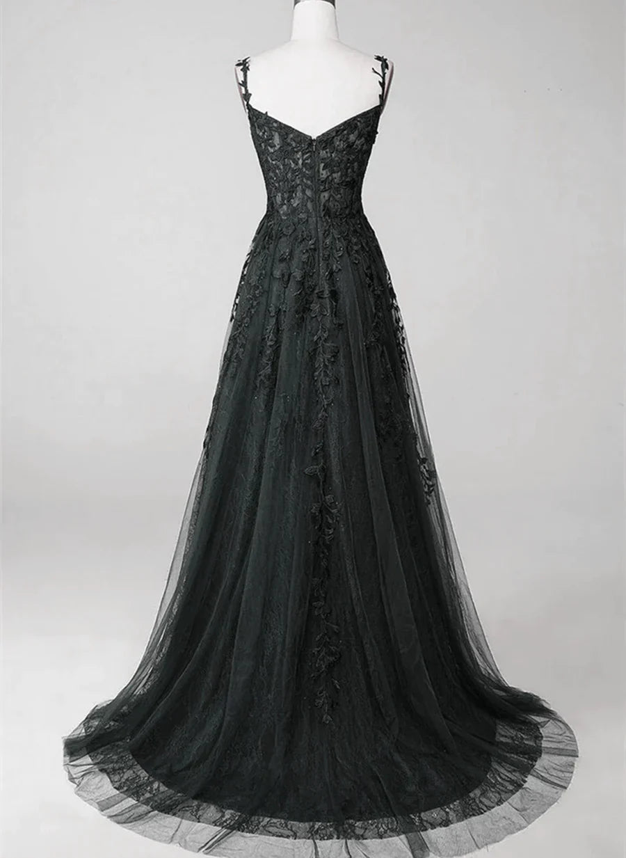 Vestido de fiesta negro con tirantes de encaje y cuentas, corte A, largo hasta el suelo, TP1233