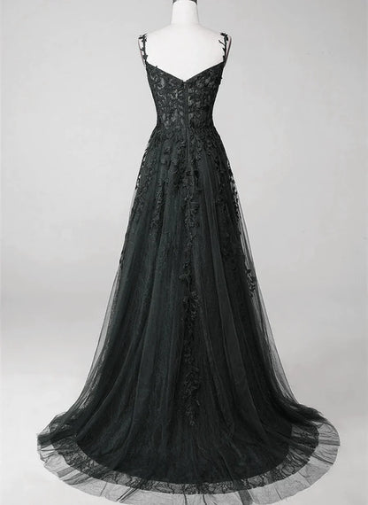 Vestido de fiesta negro con tirantes de encaje y cuentas, corte A, largo hasta el suelo, TP1233