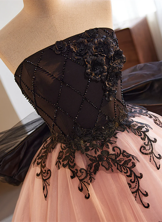 Hermoso vestido formal de tul con encaje rosa y negro, para quinceañeras, TP1237